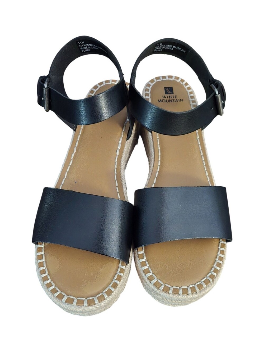 White Mountain Black Espadrille Ankle Strap Sandals Festival Wedge Platform